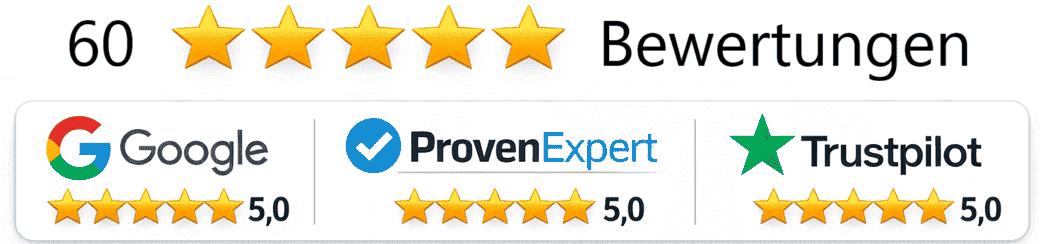 Kundenmeinungen: Überzeugen Sie sich von unserer Qualität 60 Top-Bewertungen mit 5,0 Sternen bei Google, ProvenExpert und Trustpilot für die Schuldnerberatung und Insolvenzberatung Stefan Habermann