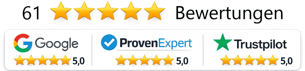 Kundenmeinungen: Überzeugen Sie sich von unserer Qualität 60 Top-Bewertungen mit 5,0 Sternen bei Google, ProvenExpert und Trustpilot für die Schuldnerberatung und Insolvenzberatung Stefan Habermann